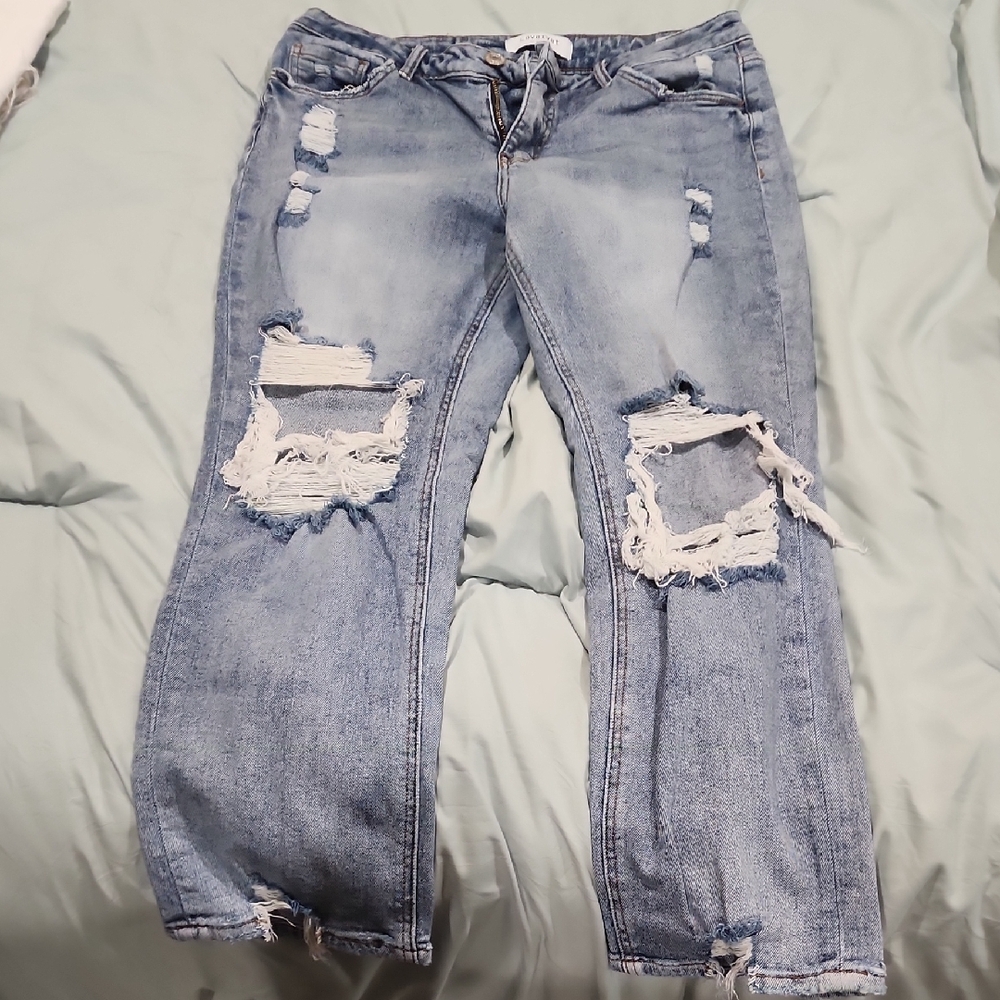 Blue Cropped Distressed Denim Jeans